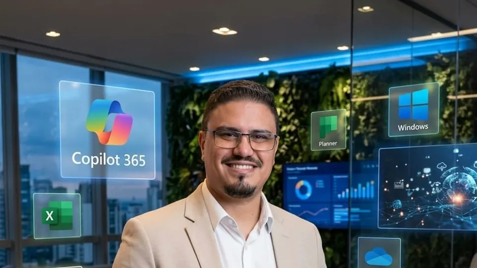 Instrutor da Corp360 em ambiente corporativo com aplicativos do Microsoft 365